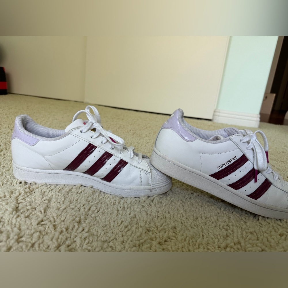 Adidas Superstar White and Burgundy Sneakers - Picture 2 of 8